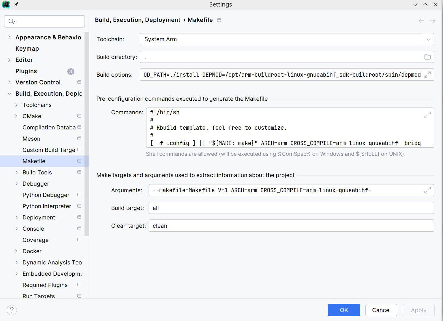 Makefile settings screen